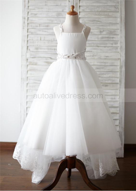 Ivory Tulle Beaded Straps Cross Back Hi Low Lace Trim Flower Girl Dress 